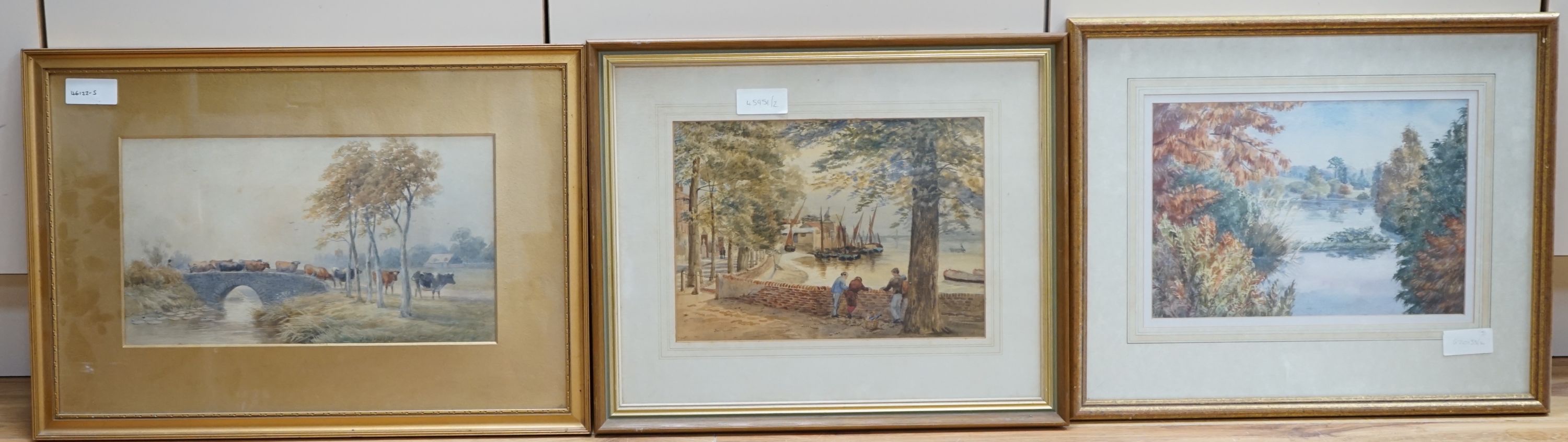 John Macpherson (Scottish, fl.1865-1884), watercolour, Cattle and drover crossing a bridge, signed, 21 x 37cm, with two other watercolours, Riverscape and Figures beside the Thames at Chelsea